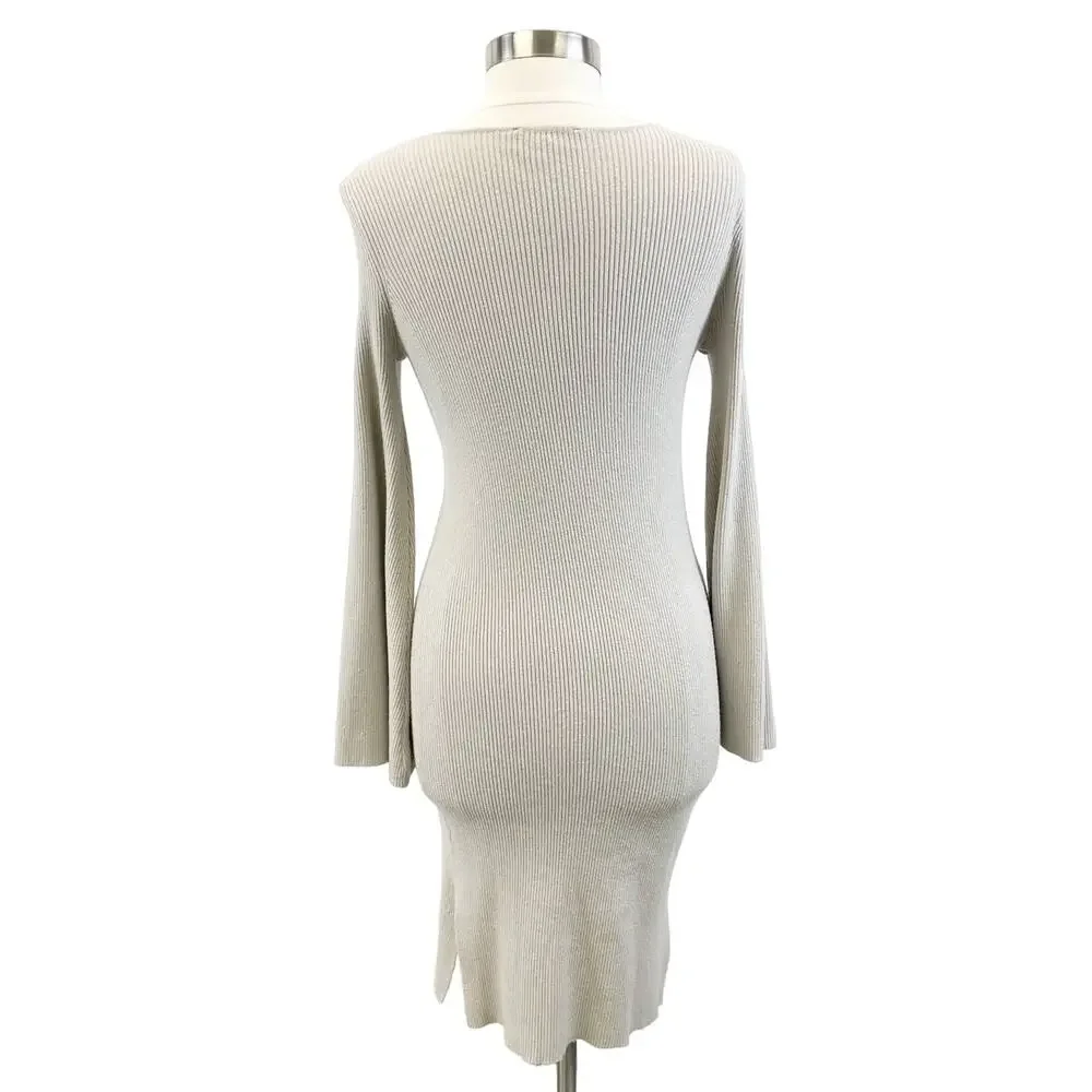 Lulus Womens M Jourdaine Taupe Bell Sleeve Sweater‎ Dress V-Neck Fall Stretchy